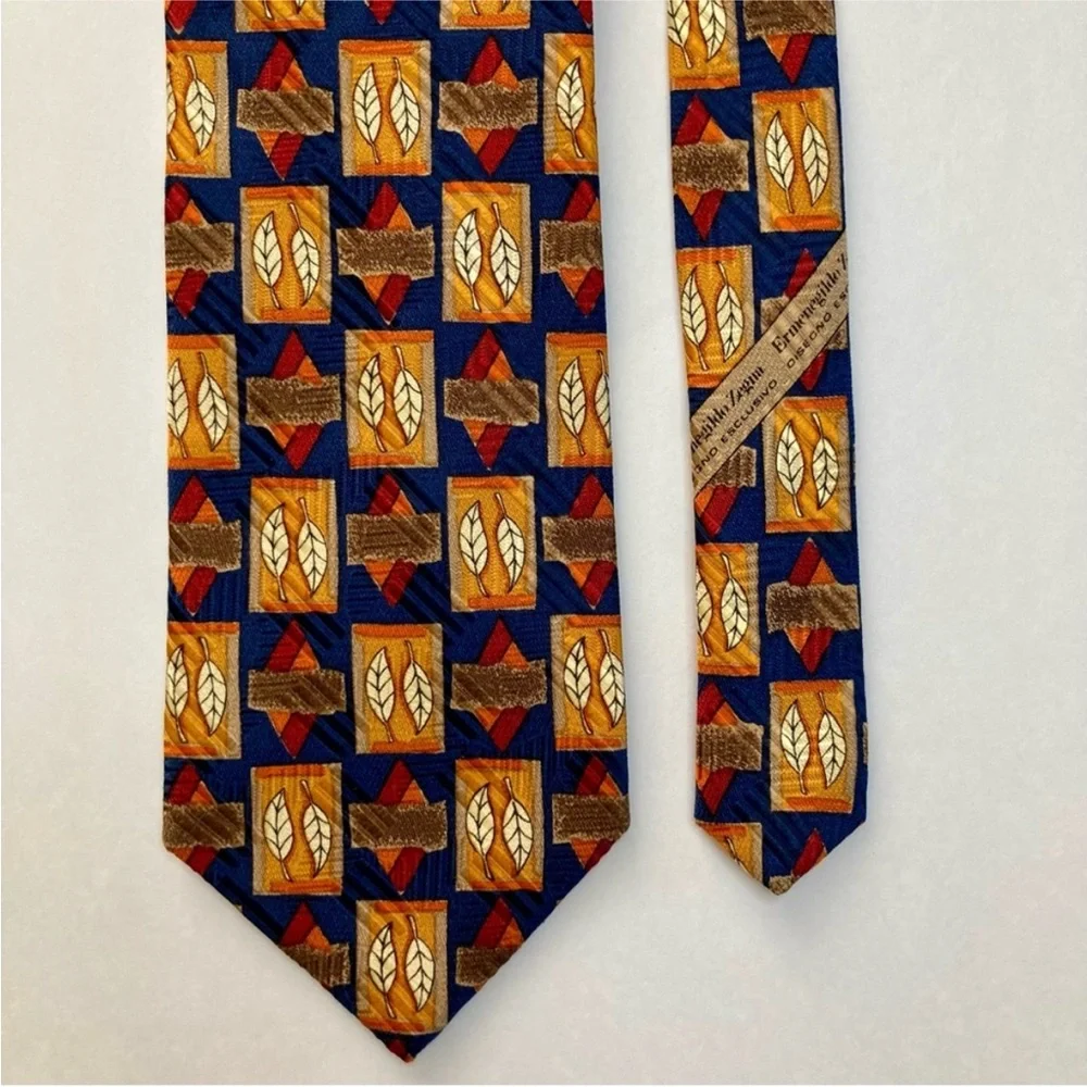 ERMENEGILDO ZEGNA Blue & Orange Autumn Flora Geometric Classic All Silk Tie